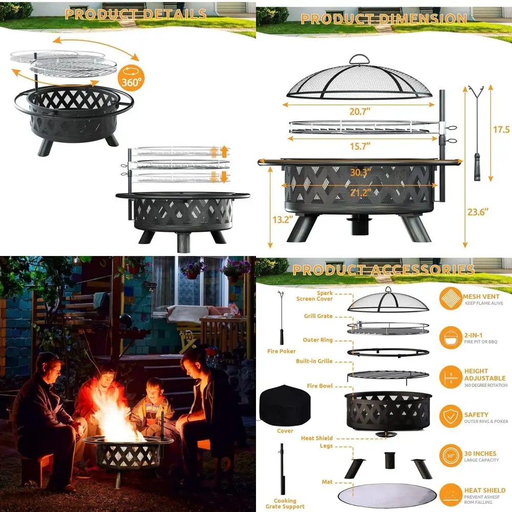 

30 Inch Outdoor Wood Burning Fire Pit with BBQ Grill, Cover, and Accessories for Patio and Garden