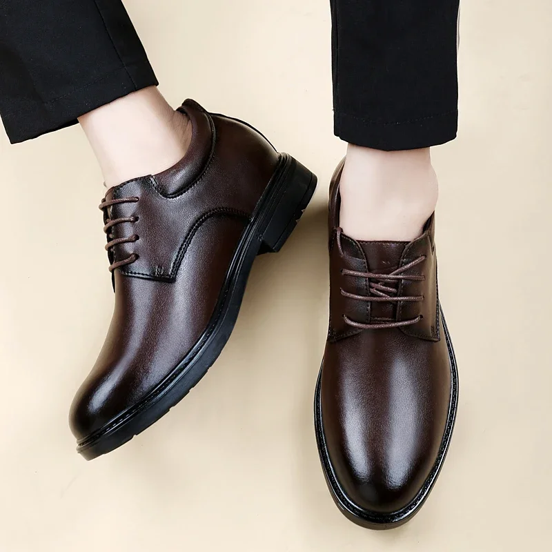 Office business formal shoes men\'s inner height increase 6/8cm shoes thick sole simple black men\'s genuine leather casual shoes