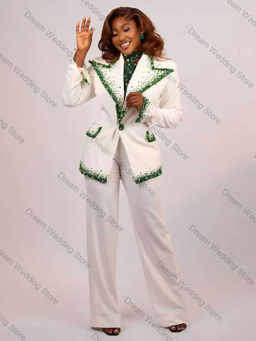 Conjunto de traje blanco con cristales de lujo para mujer, chaqueta de 2 piezas + Pantalones, chaqueta Formal para banquete y oficina, abrigo nupcial personalizado para boda