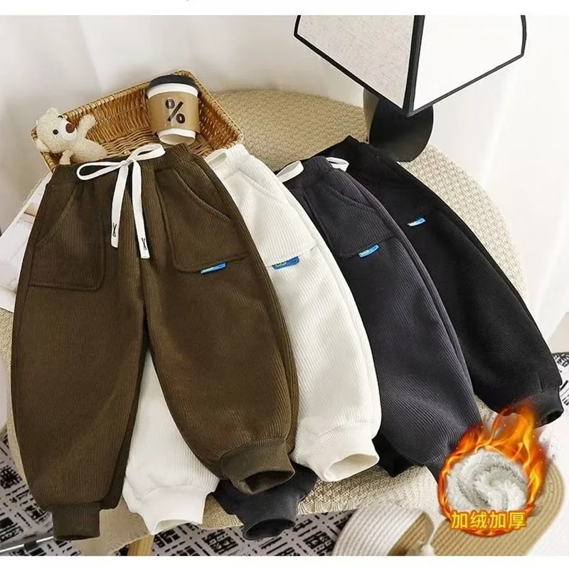 Kids Paded Pants Boys Girl Autumn Winter Plus Velvet Thick Warm Trousers Corduroy Outer Wear Sport Casual Pants Children Clothes