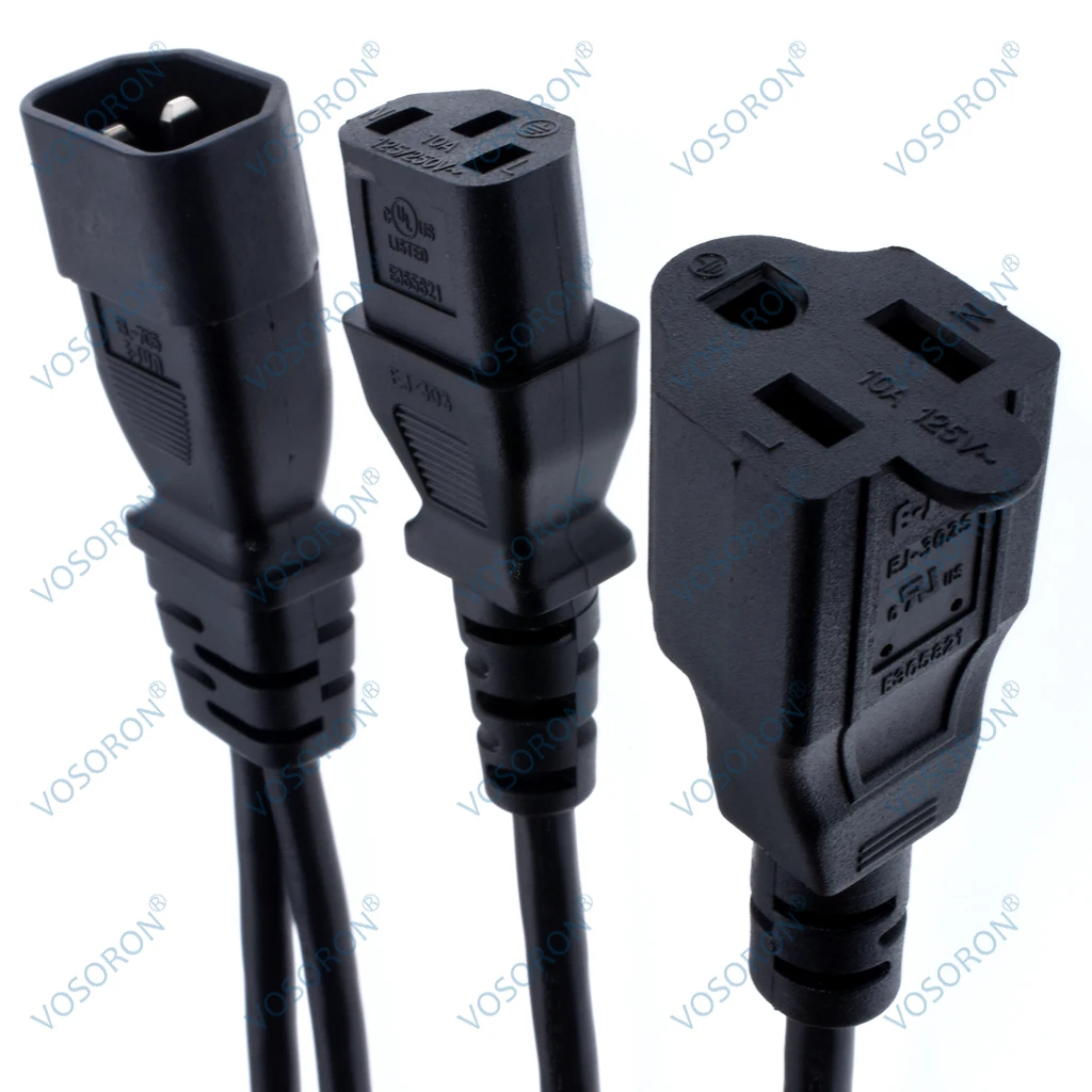 C14 to C13+Nema 5-15R Y Splitter Power Plug Cord,Single IEC 320 C14 Male to C13+Nema 5-15R Female Splitter Adapter Cable Cord