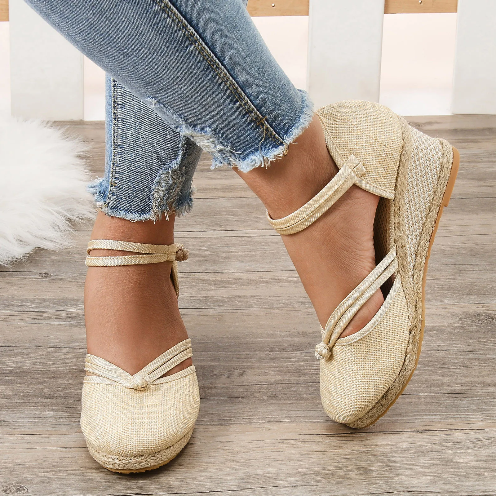 Summer 6cm Heel Platform Espadrilles Shoes Women\'s Sandals Braided Espadrille Knot Button Ankle Strap Wedge Sandals Linen Wedge