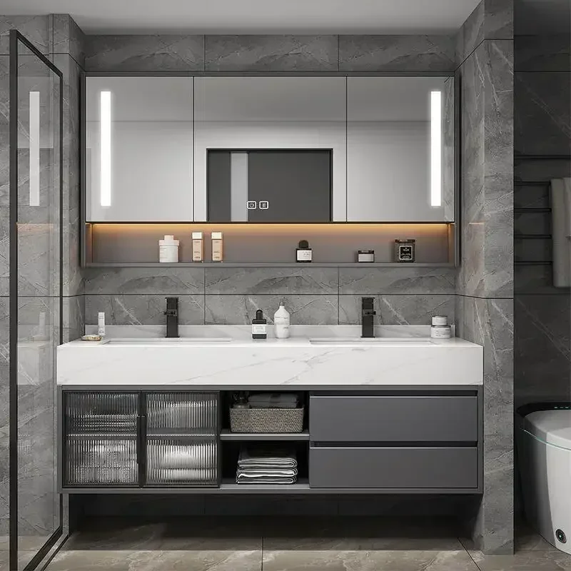 Luxury Bathroom Mirror Cabinet Double Basin Slate Integrated Ceramic Washbasin Bathroom Vanity Meuble Salle De Bain Furniture