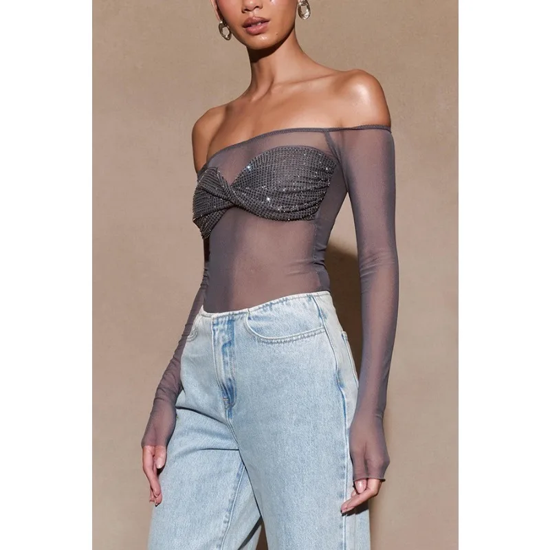 Top corto transparente de malla para mujer, camiseta Sexy con lentejuelas y hombros descubiertos, camiseta transparente de manga larga, ropa de calle para discoteca
