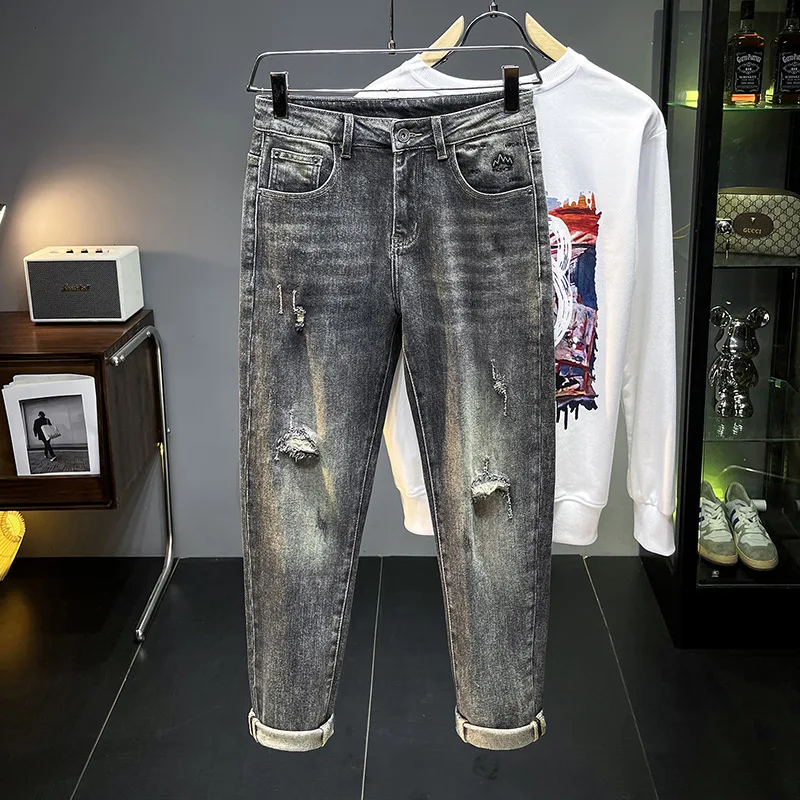 2024 New Gray Jeans Men's Autumn Fashion Design Men's Slim Fit Stretch Washed Make Old Ripped Trendy Denim Pants