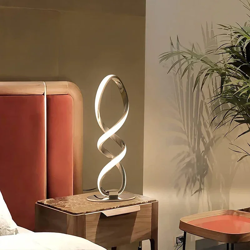 Lámpara de mesa LED moderna para decoración de escritorio, línea de luz negra y plateada para estudio, dormitorio, mesita de noche, sala de estar,