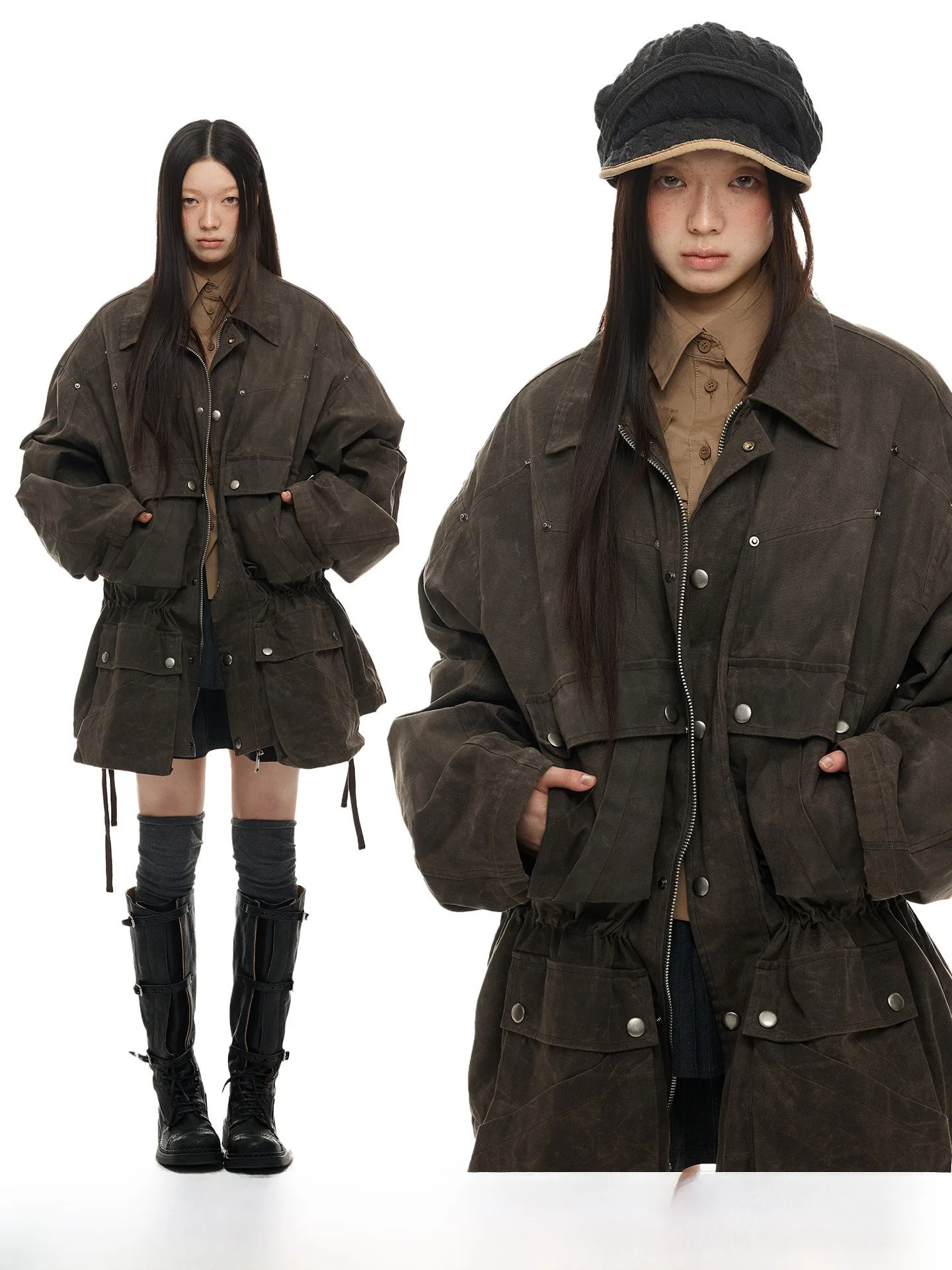 JIKOO Barn Sle-ropa de trabajo Vintage Jaet, ropa de abrigo holgada de otoño, abrigo de cera de aceite, forro de algodón, cierre de cremallera largo Sve