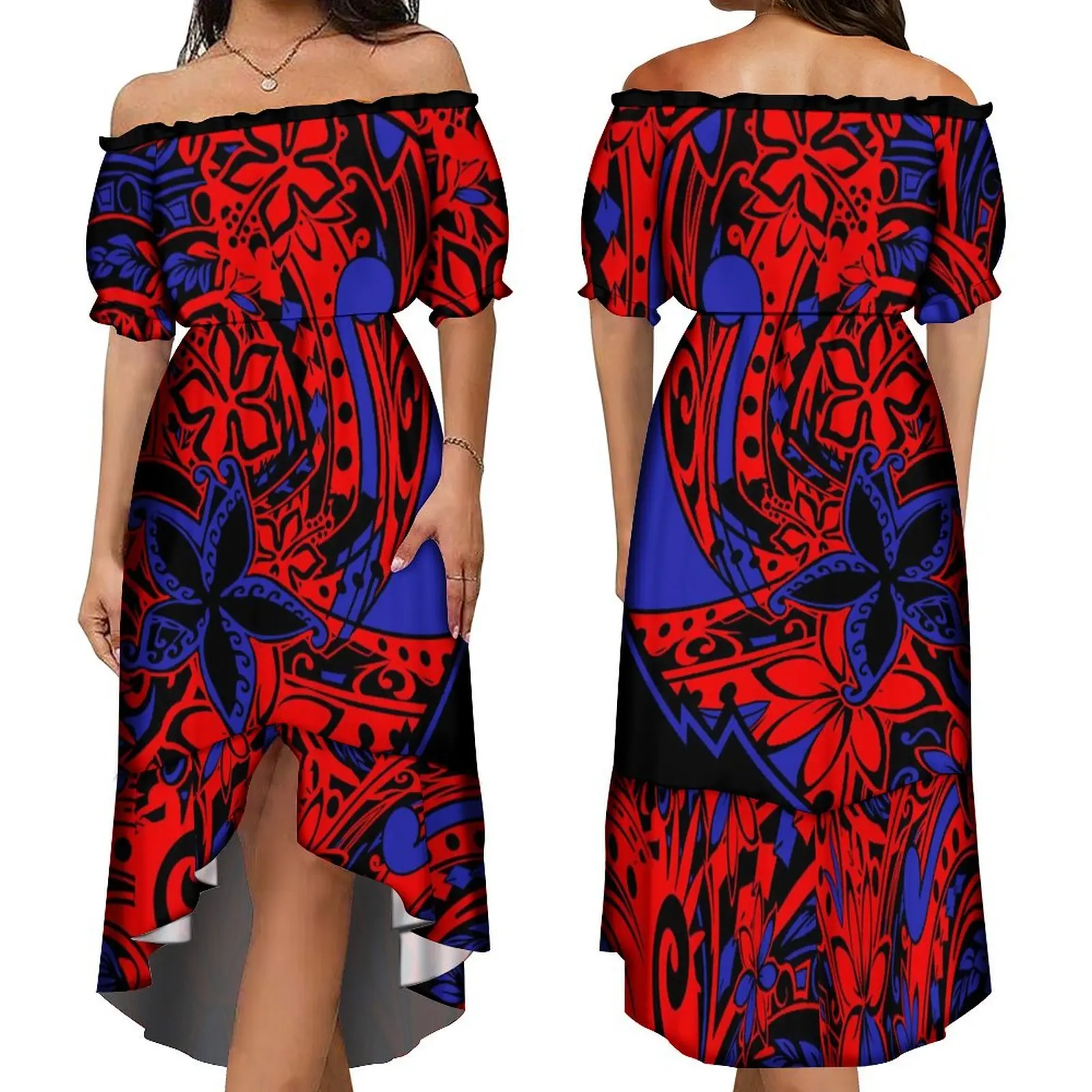 

Samoa-Style Dress Fiji Island Custom Polynesian Print Summer Line-Neck Temperament Dress 2024 New Design Maxi Skirt