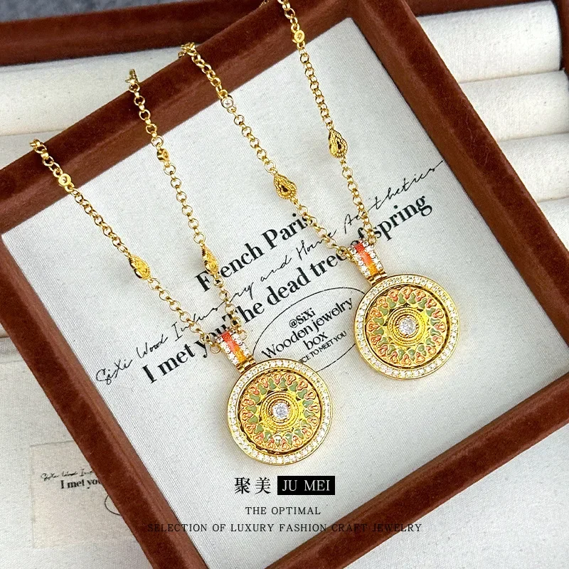 VivoGoldGuose Tianxiang 9999 24K Real Gold Necklace for Women Ruby Enamel Micro Inlay Rotating Hoist Compass Chain