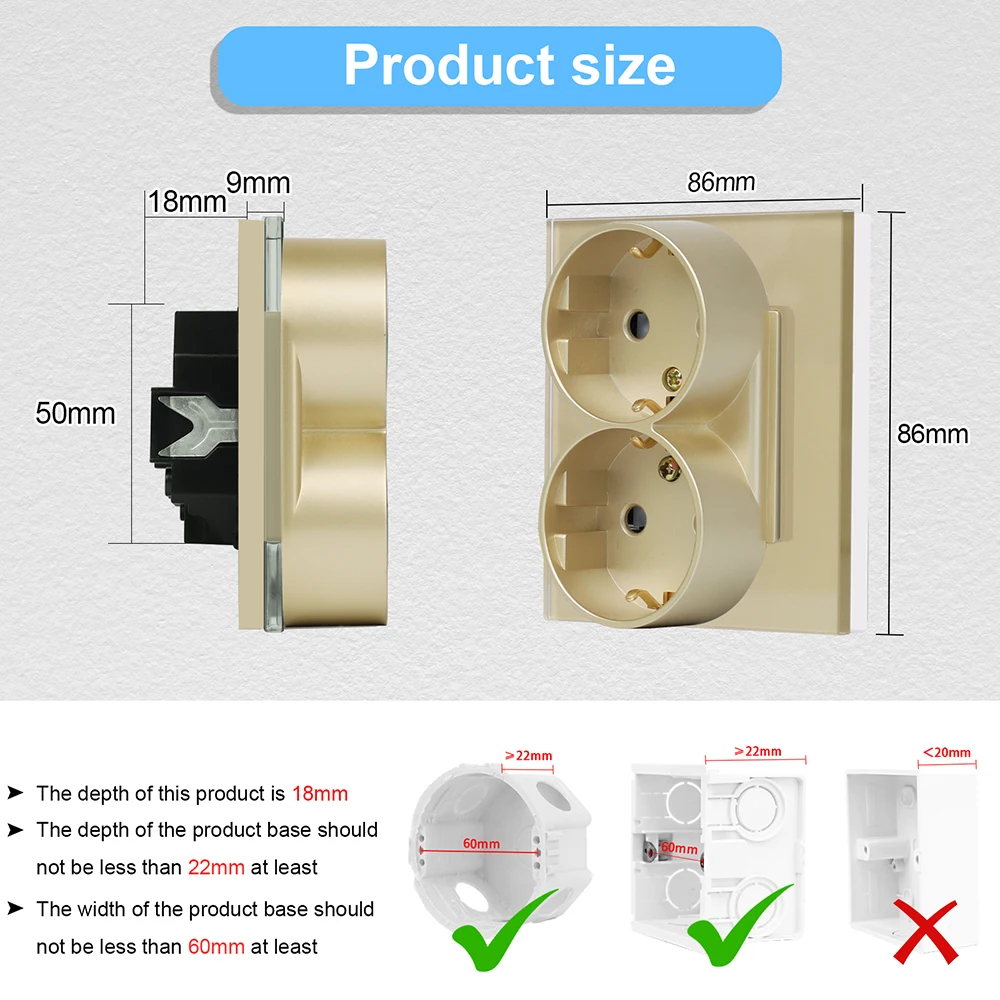 Bingoelec Wall Double Electrical sockets With Light Touch Switch Gold Glass Socket Triple Electric Sockets Power Outlets 16A