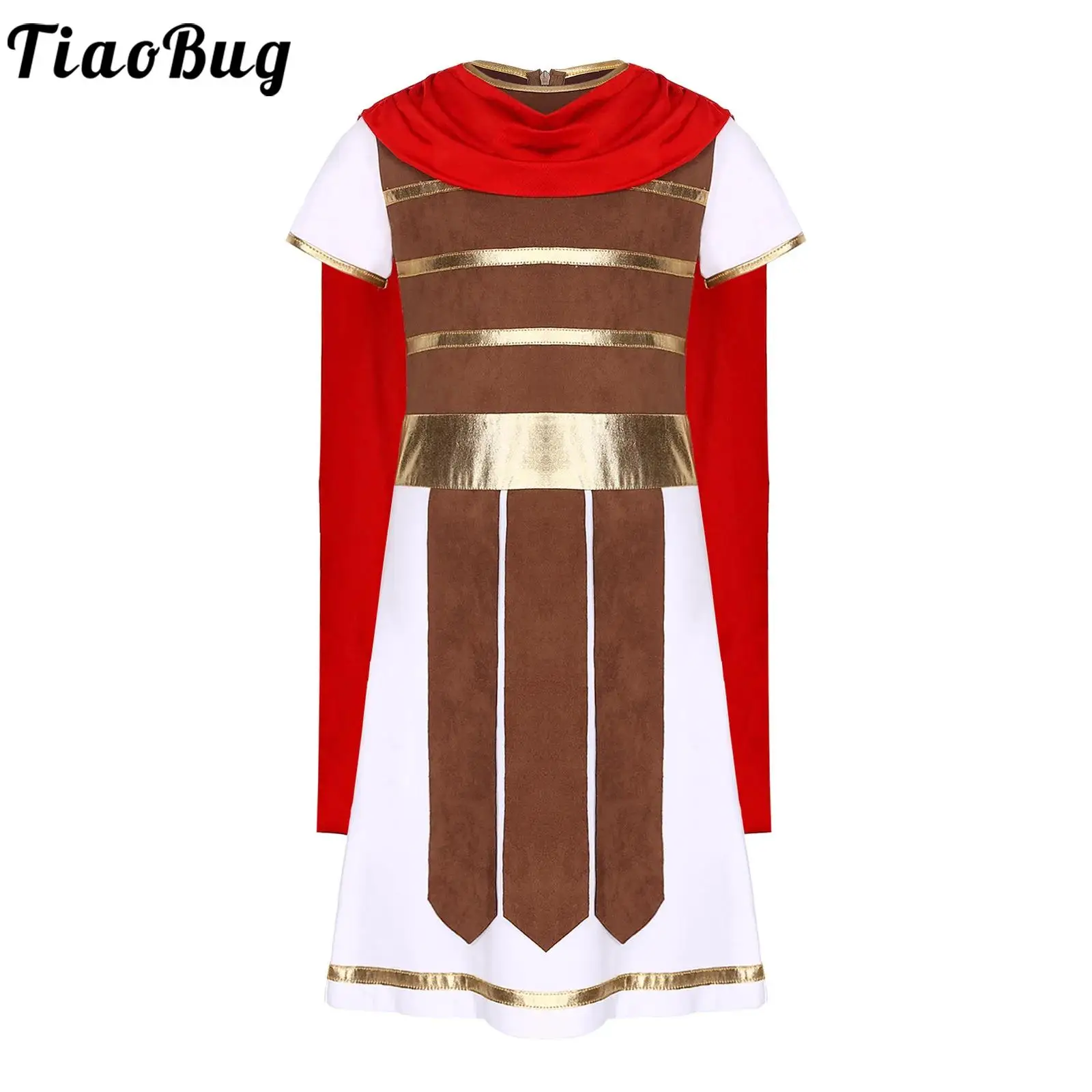 

Boys Ancient Roman Spartan Warrior Costume Halloween Medieval Soldier Gladiator Robe Short Sleeve Attached Cape Gown Dress Up