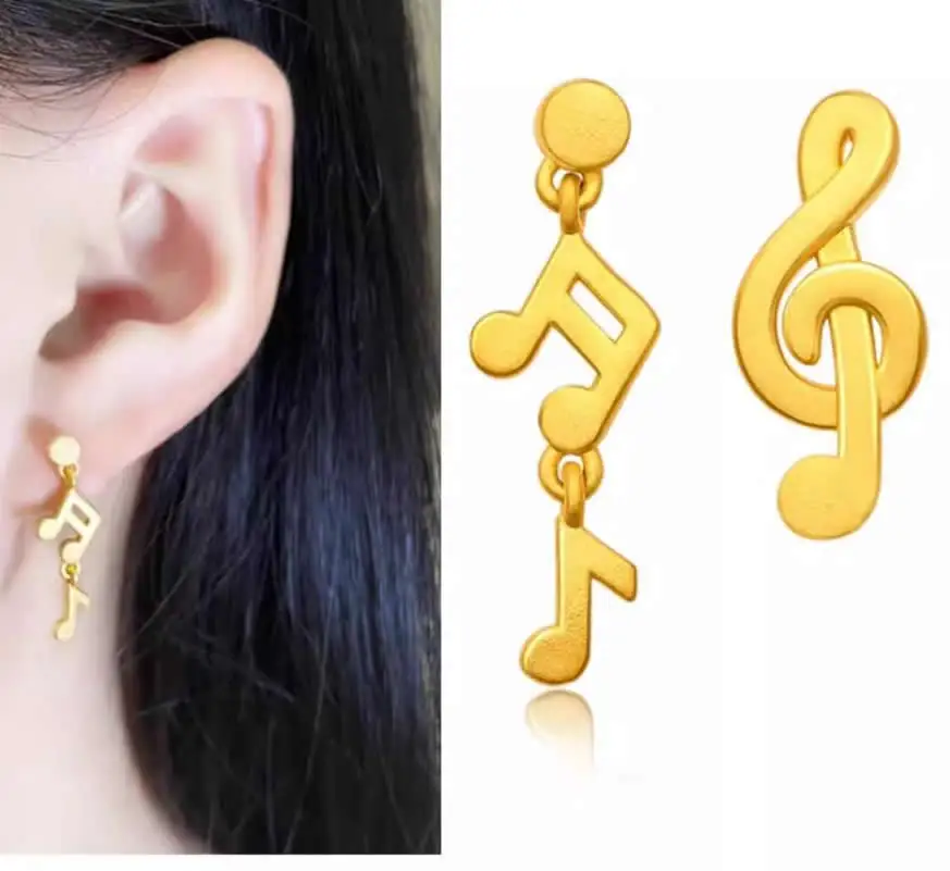 Solid 24K Yellow Gold Earrings Women 999 Gold Music Symbol Dangle Earrings