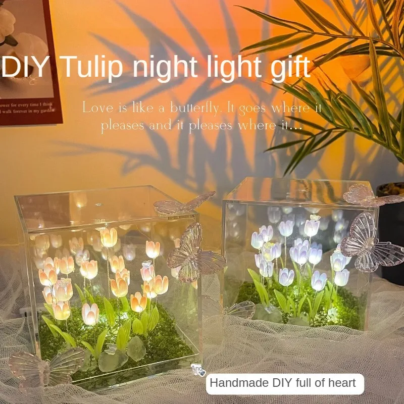 Butterfly Tulip Night Light Handmade DIY Material Pack for Bedroom Decoration, Girlfriend and Best Friend Valentine's Day Gift