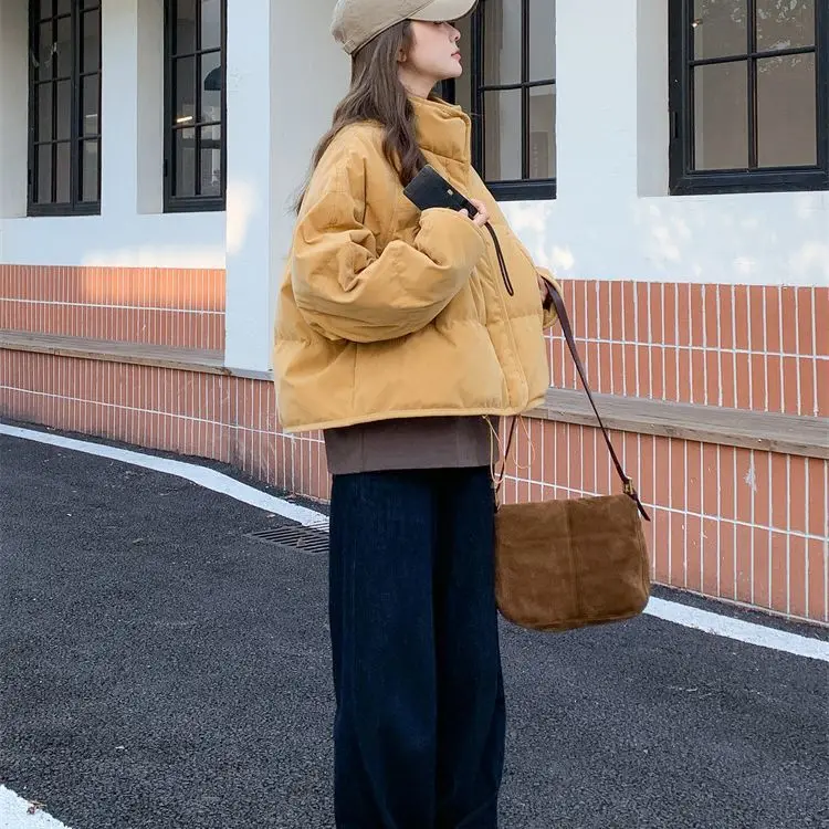Gola curta para baixo jaqueta acolchoada de algodão 2025 inverno zíper estilo viajante cor sólida casaco feminino acolchoado de algodão