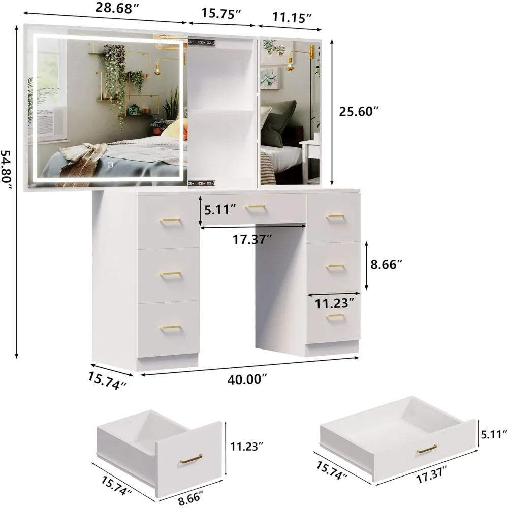 مكتب فانيتي مع مرآة مضاءة ومحطة شحن وطاولة زجاجية، وطاولة زينة للمكياج بمرآة منزلقة، وطاولة تزيين