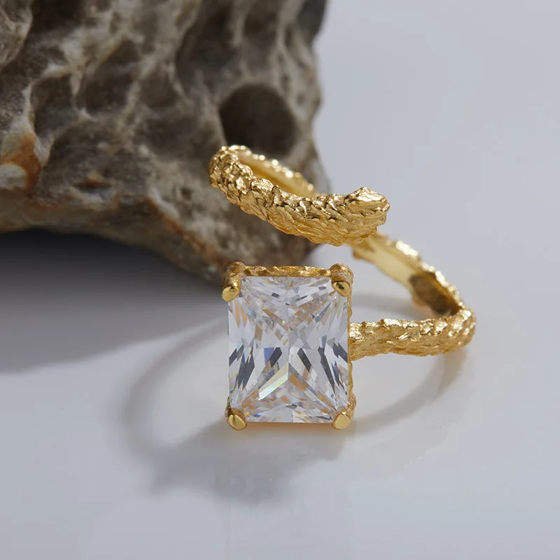 

Ring with Exaggerated Design, Irregular Inlay Zircon TextureS925Sterling Silver Open Ring for Men and Women