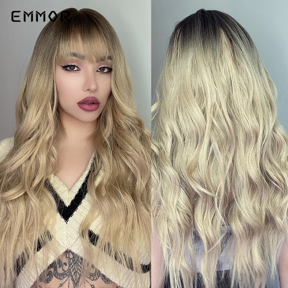 

Emmor Synthetic Ombre Black to Blonde Wigs Natural Blond Wavy Hair Wig for Women Cosplay Orange- Daily Party Wigs with Bangs