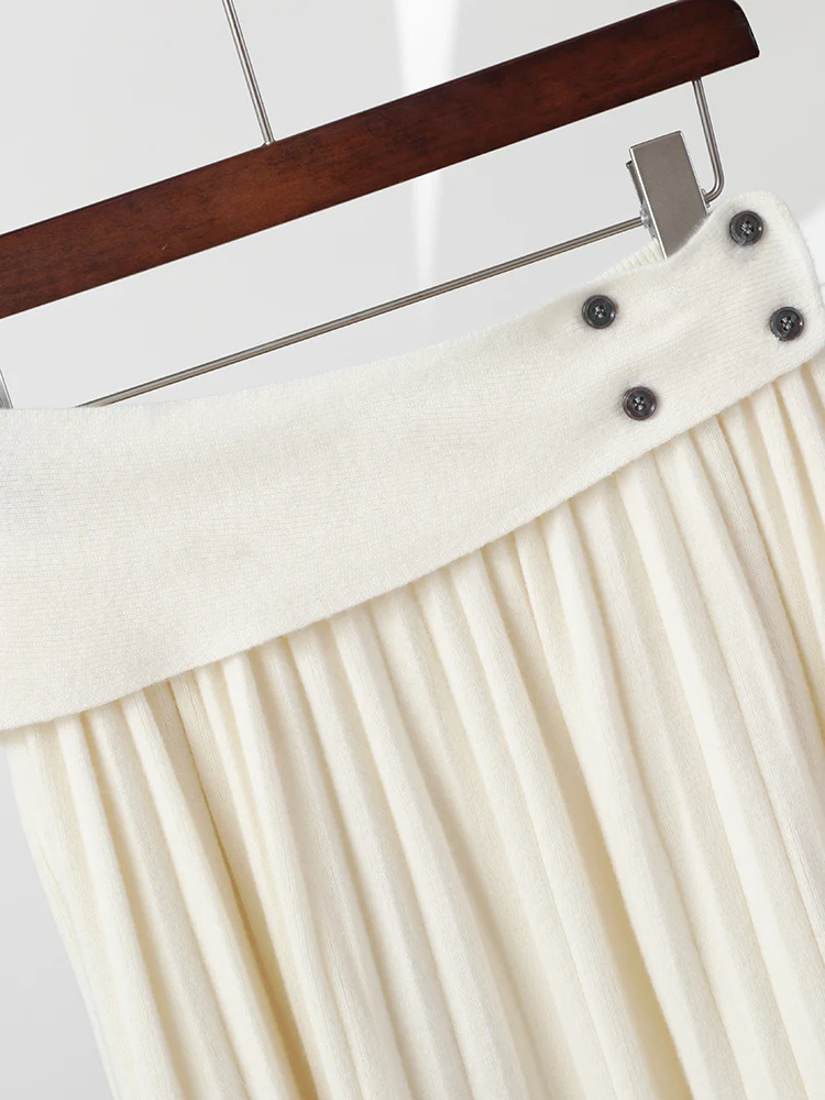 New Women 100% Merino Wool Skirt Office Lady Grace Style Buttons pleated Skirt Autumn Winter Thick Soft Pure Wool Long Skirt