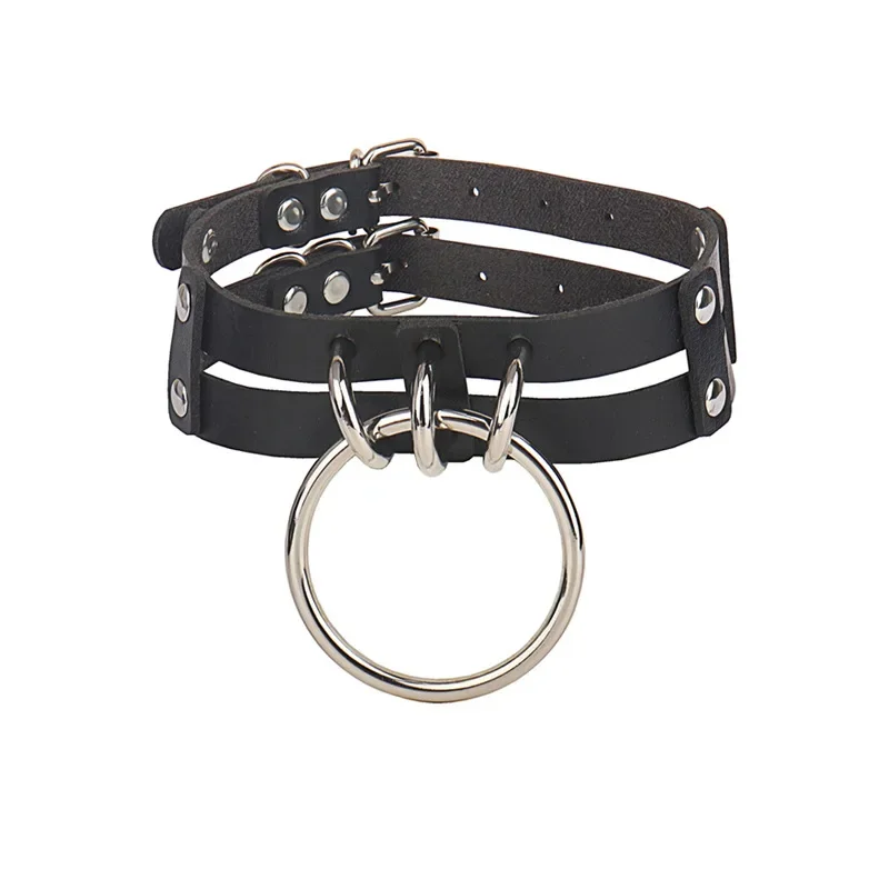 Super cool Punk Harajuku style Individuality  Night club Rock and roll Bicyclic  O-shape Ring Leather Choker Pendant  Accessory