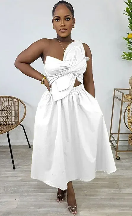 CM.YAYA Women Big Petal Front Strapless Midi Long Dress 2024 Summer Street  Vestidos Sexy Party Evening Chic Big Swing Dresses - AliExpress 200000345
