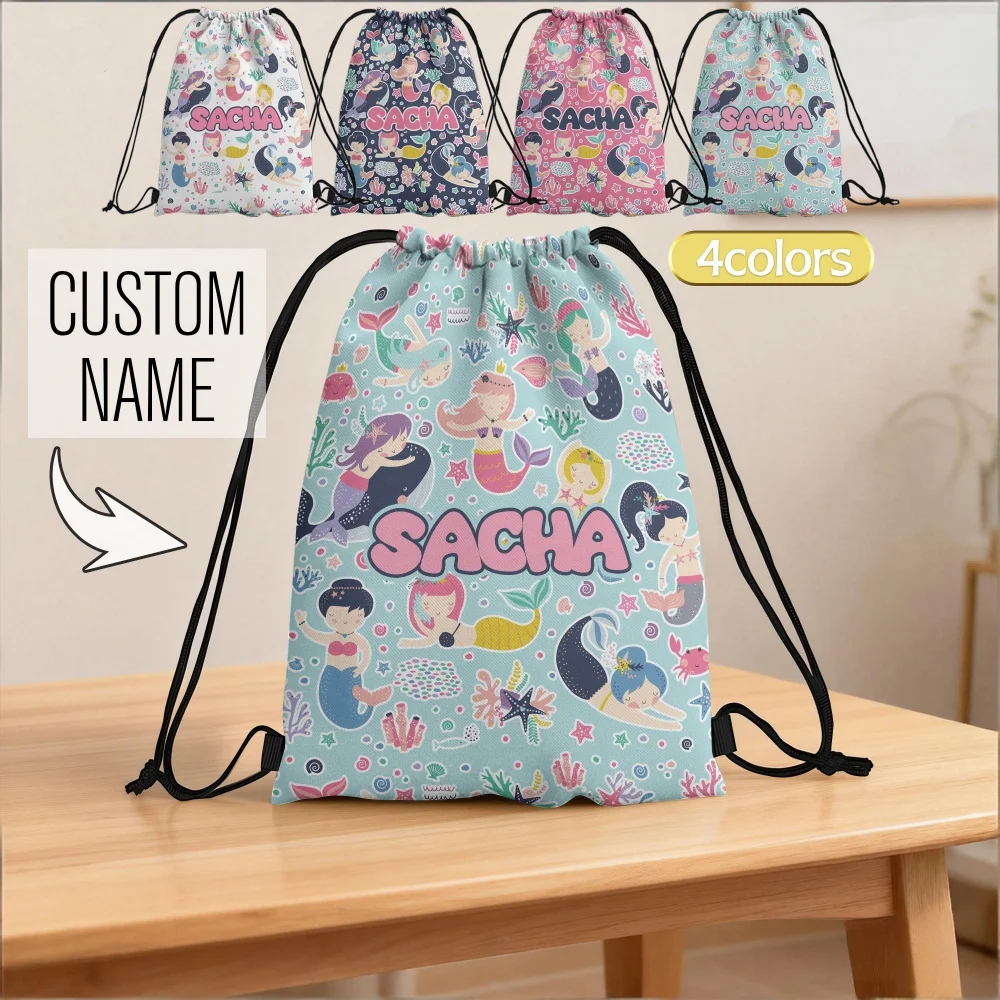 Custom Name Mermaid Sea Creature Drawstring Backpack,Personalized Gym Sack Bag 4‑Colors for Kids Beach Sport Birthday Party Gift