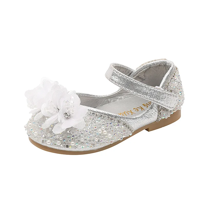 Girls\' Rhinestone Shoes 2024 New Children\'s Princess Shoes Soft Flower Kids Pearl Party Performance Shoes Sequin Show J192