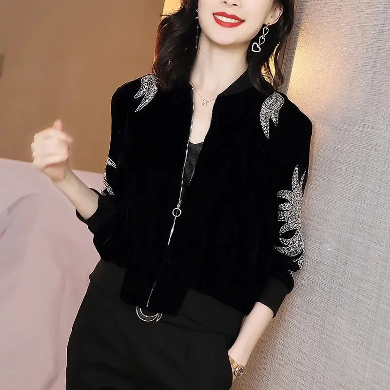 

Europe Fashion Autumn Velvet Jacket Women Long Sleeve Baseball Sequins Coats Women Casual Slim Black Ladies Jackets Clothes Z666