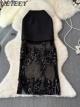 Moda Ağır Hizmet Tipi Dantel Örgü Uzun Etek Kadınlar için 2024 İlkbahar/Yaz Yeni Şık Zarif Bölünmüş Yüksek Bel Siyah Kalça Etekler