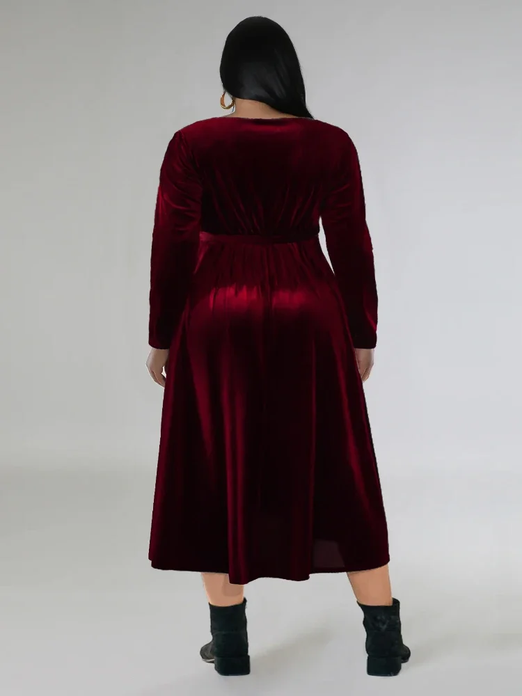 للمرأة فساتين Burgundy عنابي, رقبة V, أكمام طويلة, غير متناظرة مخمل, أنيق, نحيل, ملابس سهرة, مقاس كبير, خريف