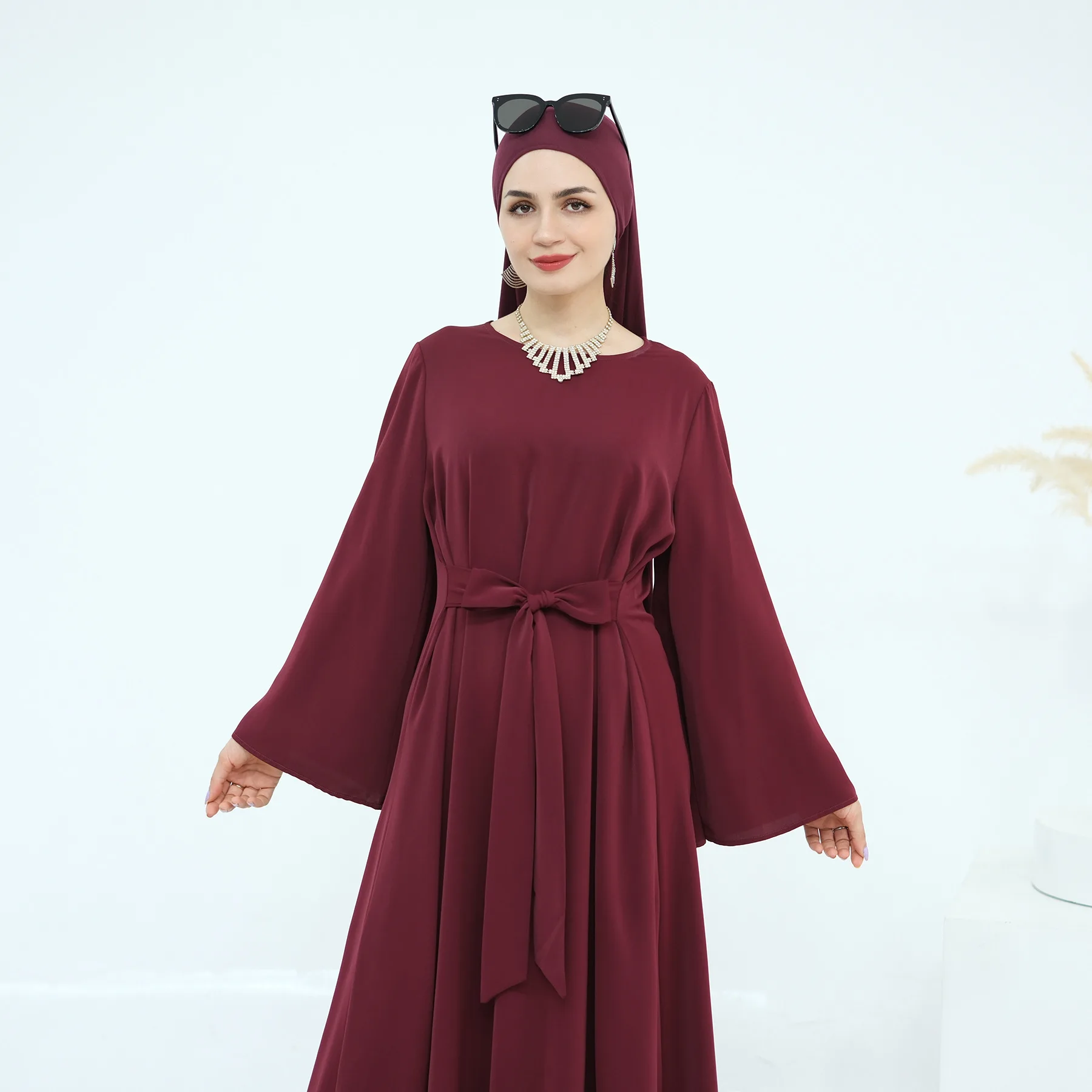 

Modest Dress Solid Color Dresses Muslim Women Long Sleeve Dubai Abaya Ramadan Islam Clothing Kaftan Turkey Arabic Robe Vestidos