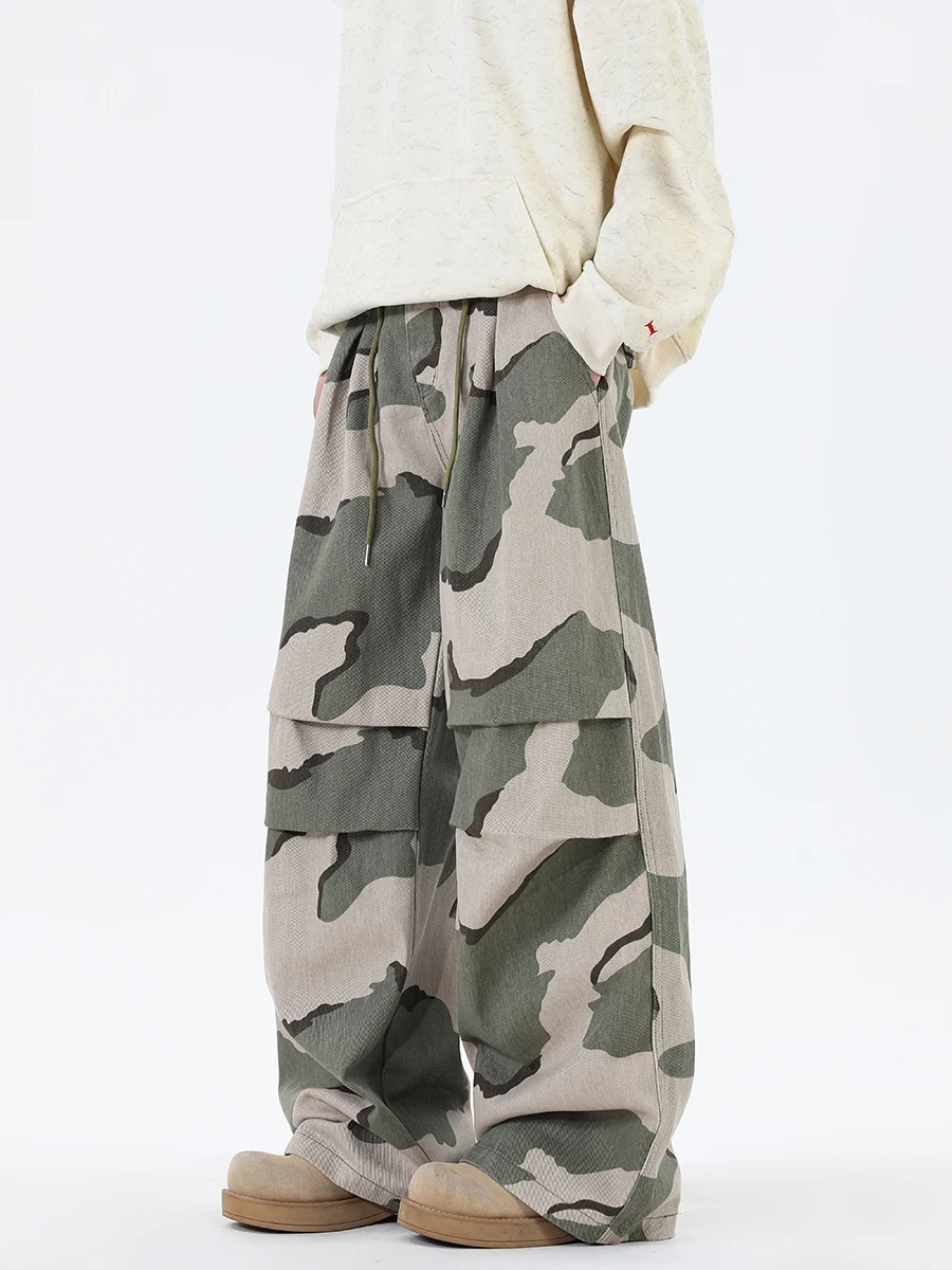 

Wear-Resistant American Sle Men's Jeans with Dstring Camouflage Workwear Wide Leg Street Dance Pants Paratrooper Trousers