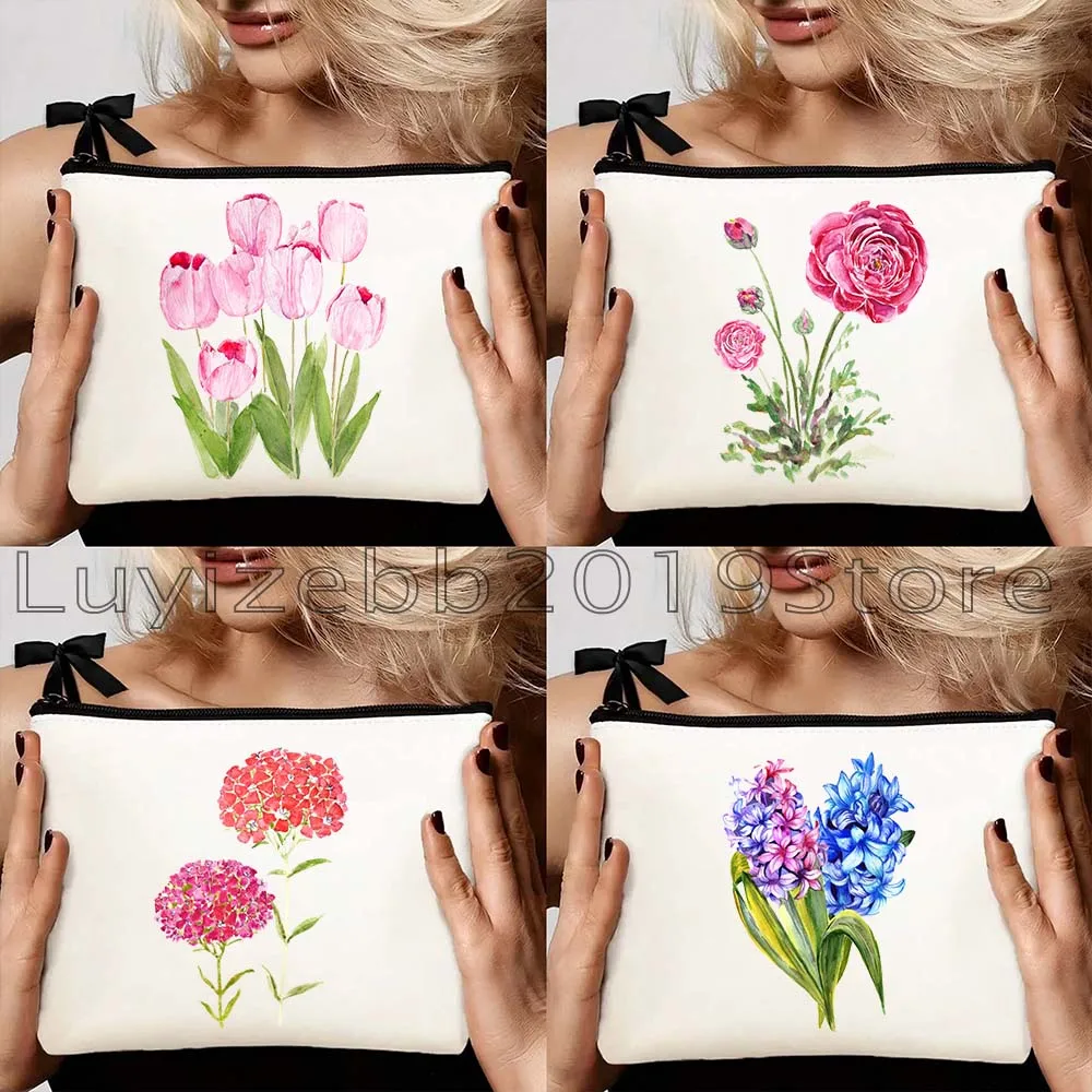 Yellow Pink Cosmos Roses Tulips Daisy Poppy Flowers Hyacinth Watercolor Cute Gifts Canvas Cosmetic Makeup Bag Pencil Case Pouch