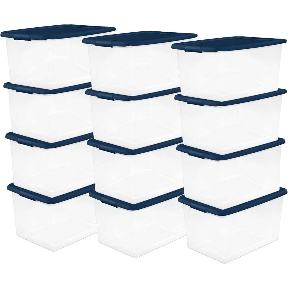 

12-Pack Color Program, Large Clear Plastic Storage Bins with Lids, 64 Quart, Blue - Stackable Organizing Container Box