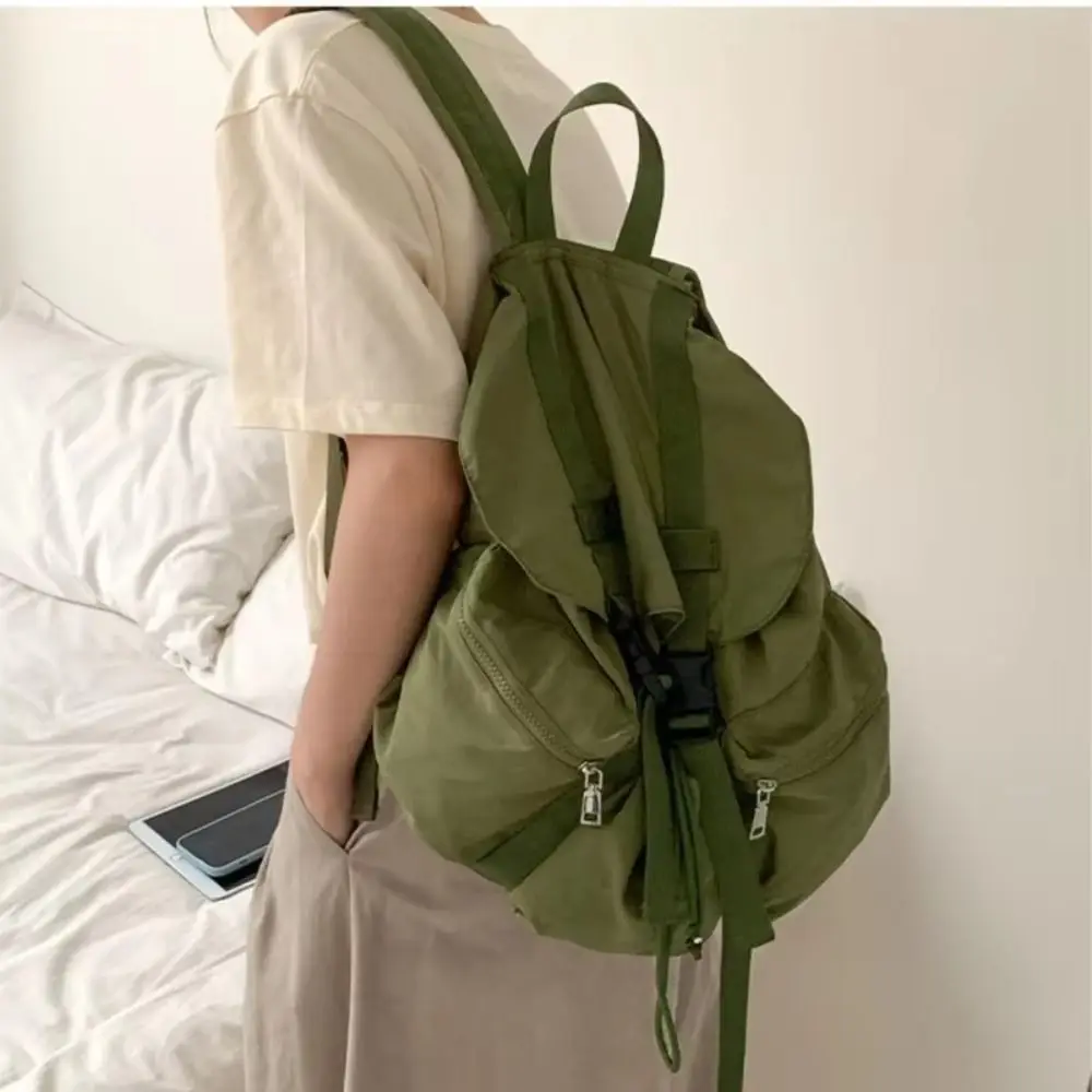 

Korean Solid Color Drawsting Backpacks Light Weight Nylon Ruched Shoulder Bags Large Capacity Casual Student Schoolbag Men Women