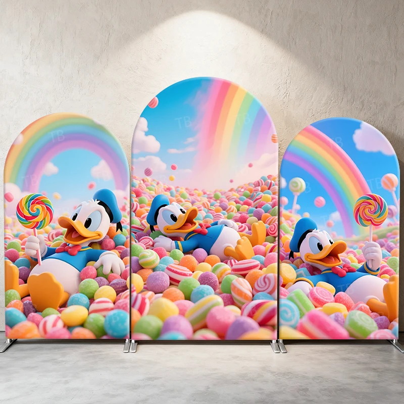 

Donald Duck Candy Land Arch Backdrop Cover Rainbow Sweet Theme Party Decor Photo Booth Background Celebration Supplies