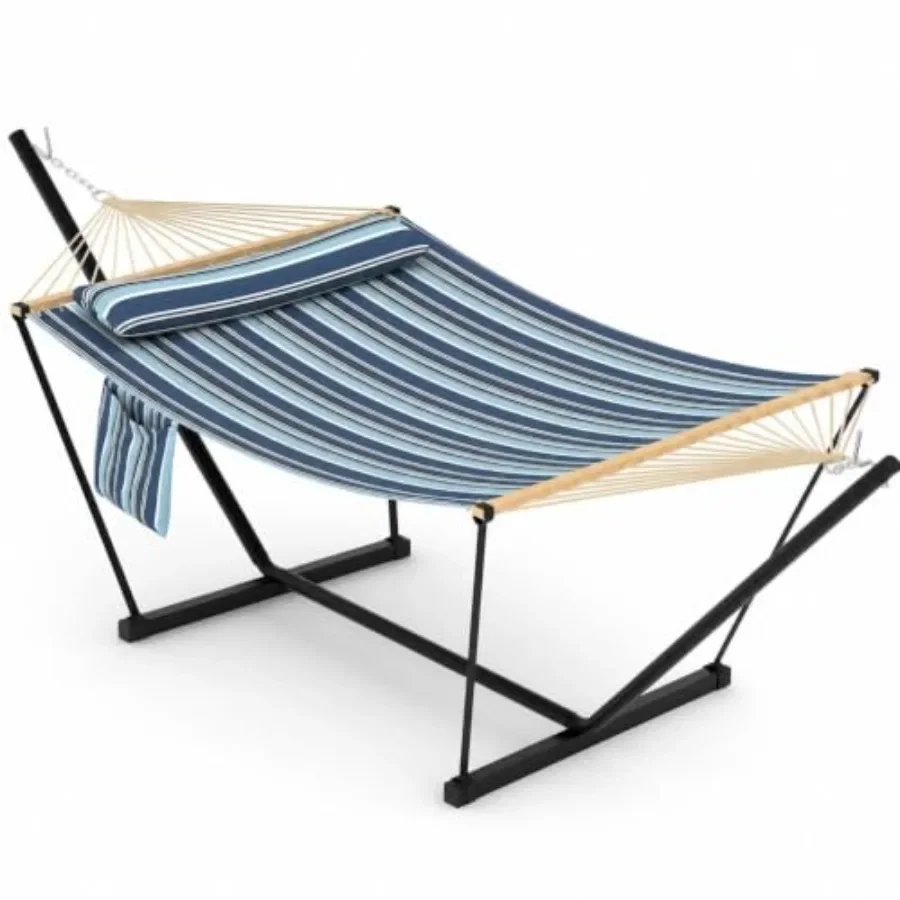 Outdoor double hammock with steel stand: heavy-duty portable 2-person fabric hammock in gray, 450 lbs capacity, includes spread