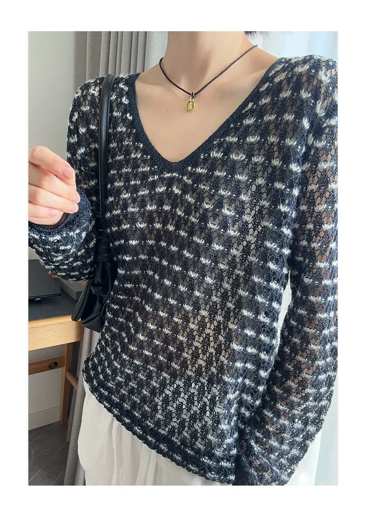 

Women's Y2K Black Lazy Hook Flower Hollow Long Sleeve T-shirt, 2025 Spring and Autumn New Style, Pure Desire Loose Casual Top