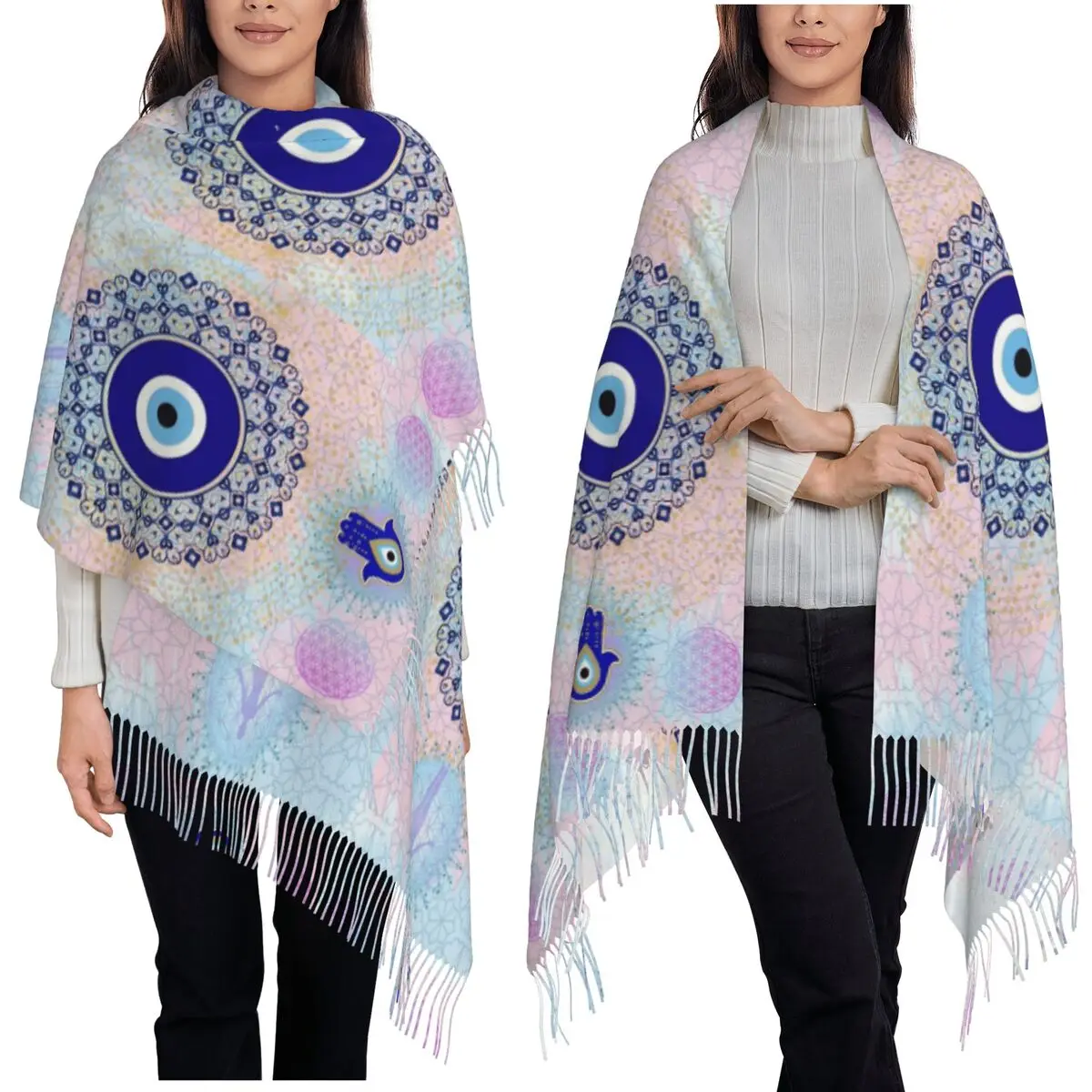 

Evil Eye Mandala In Gold And Blue Lucky Charm Amulet Scarf Tassel Scarves Women Shawls and Wraps Long Fall Winter Shawl Wrap
