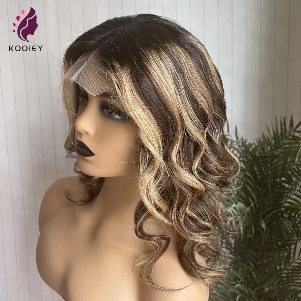 

Highlight Honey Blonde Short Body Wave Bob 13x4 Lace Front Human Hair Wigs #4/27 Remy 5x5 PU Silk Scalp Top Base Wigs For Women