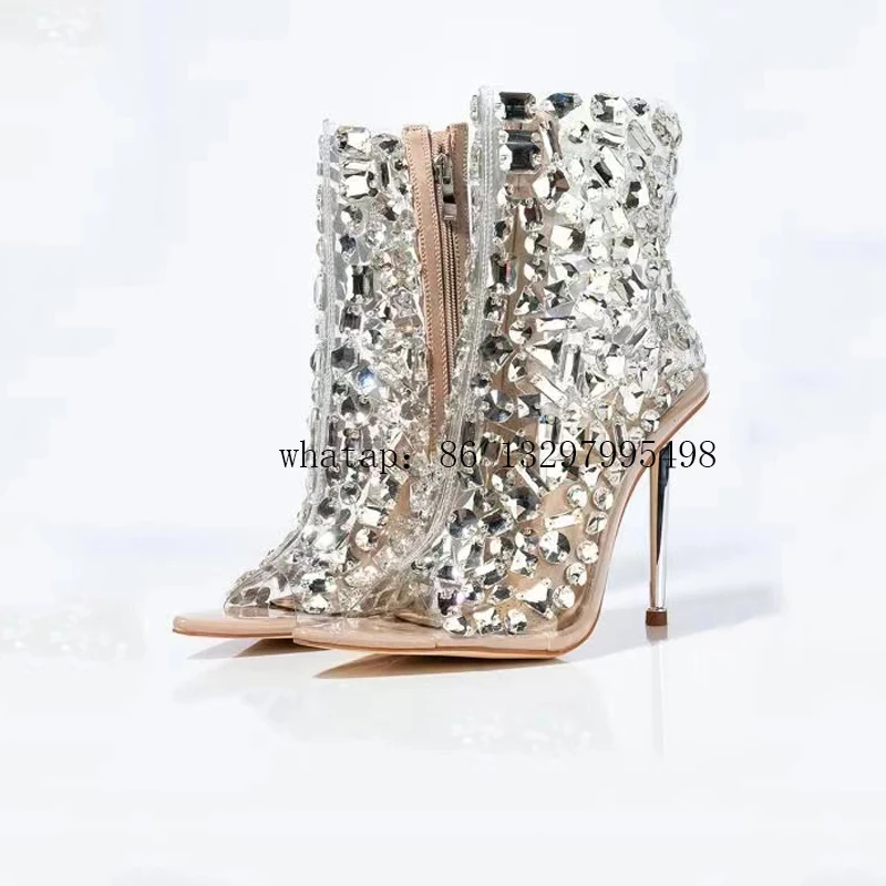 

Transparent PVC Boots 2022 New Women Rhinestone Pointed Open Toe Stiletto Ankle Boots Luxury Crystal Pearl Shoes Botas De Mujer