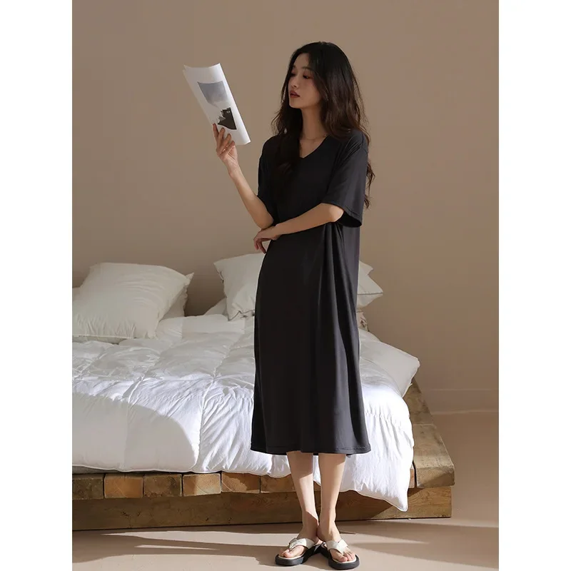 Cool Sensation Hot Sale Of The Season New Women's Summer Modal Sleep Dress Short Sleeve Loose Outerwear Nightgown Midi Length Dr