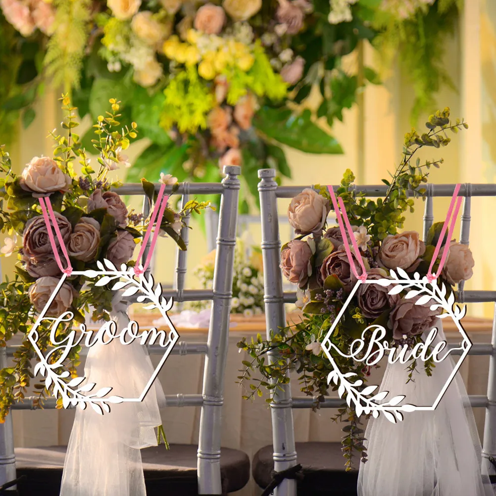 Wood Wedding Chair Signs Set – Bride & Groom Seat Labels for Table Decor, Engagement Party, Bridal Shower