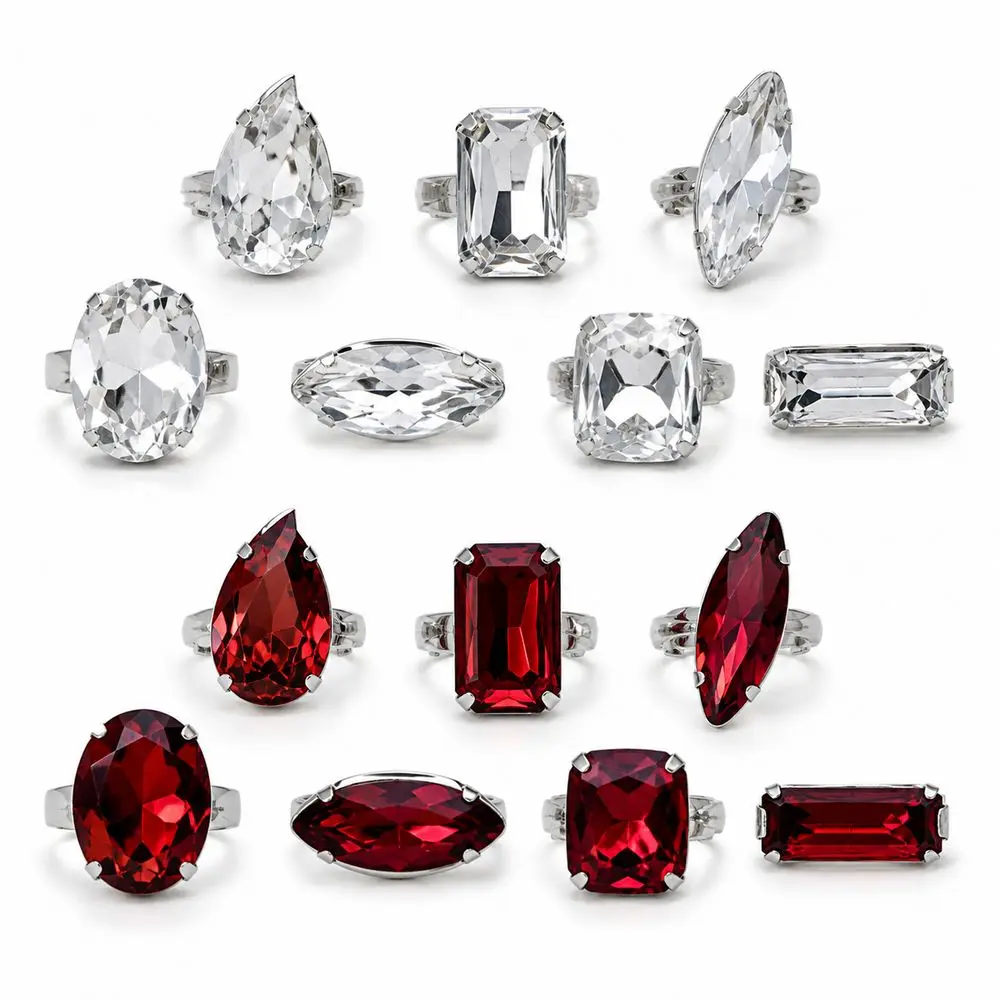 7PCS Square Shape Square Rhinestone Ring Rhinestone Crystal Large Size Adjustable Crystal Ring Heart Shape Exaggerated Giant