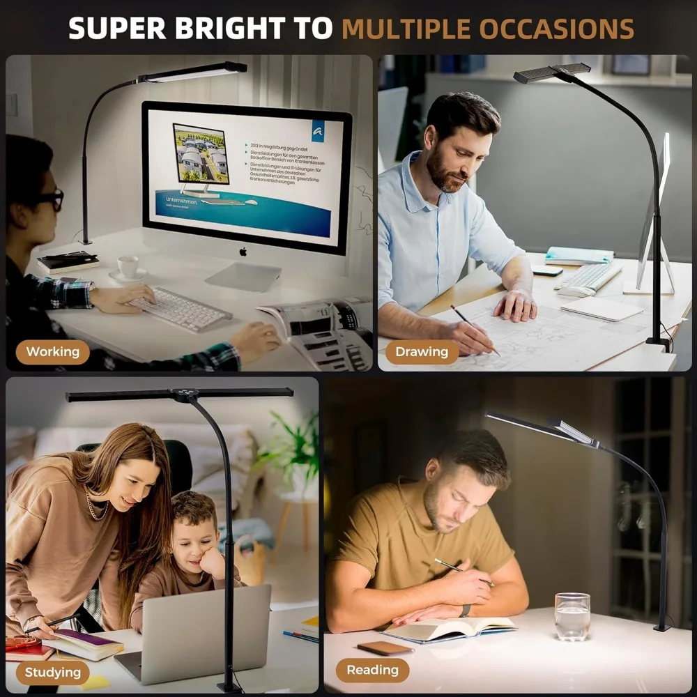 Led Desk Lamp for Home Office, Eye-Care Architect Light with Clamp, Smart Double Head Computer Monitor Table Clip Lamp, Adjustab