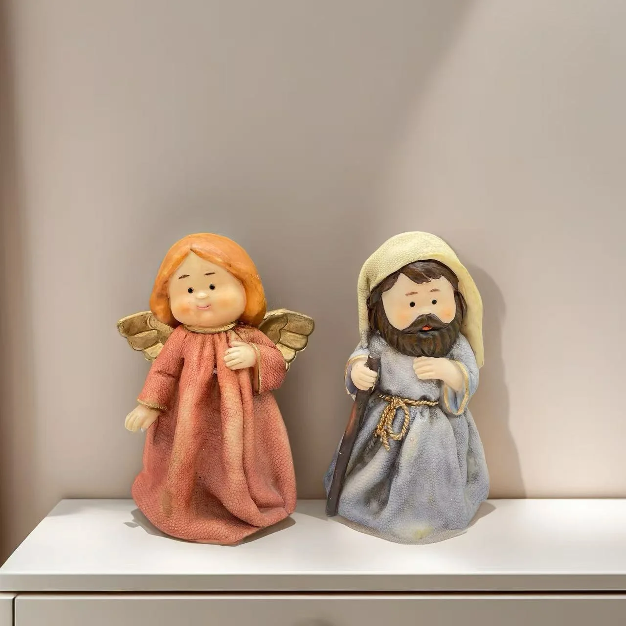 Cartoon Nativity Angel Joseph Resin Sculpture Vintage Religious Figurine Christmas Baptism Communion Souvenir