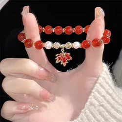 Retro Red Crystal Beaded Bracelet for Women Light Luxury Rhinestones Maple Leaf Pendant Bracelet Student Friendship Jewelry Gift