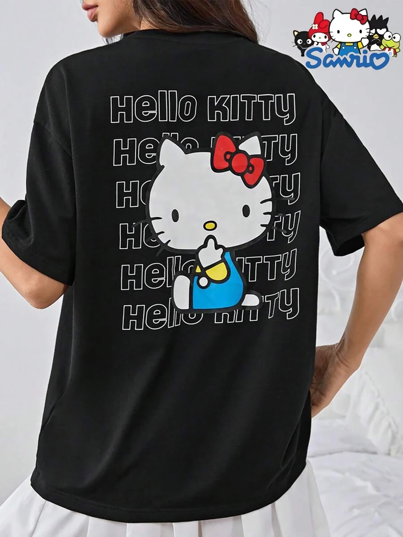 

Женская футболка с узором «Hello Kitty», милая футболка с круглым вырезом в стиле аниме, мягкая ткань, подходит для весенней и летней повседневной одежды