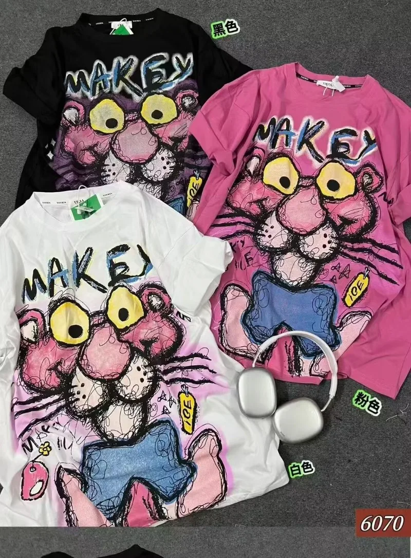 المتضخم الكرتون الأوروبي الوردي ليوبارد طباعة القطن الخالص س الرقبة قصيرة الأكمام التي شيرت الصيف جديد فضفاض المرأة ملابس خمر #1