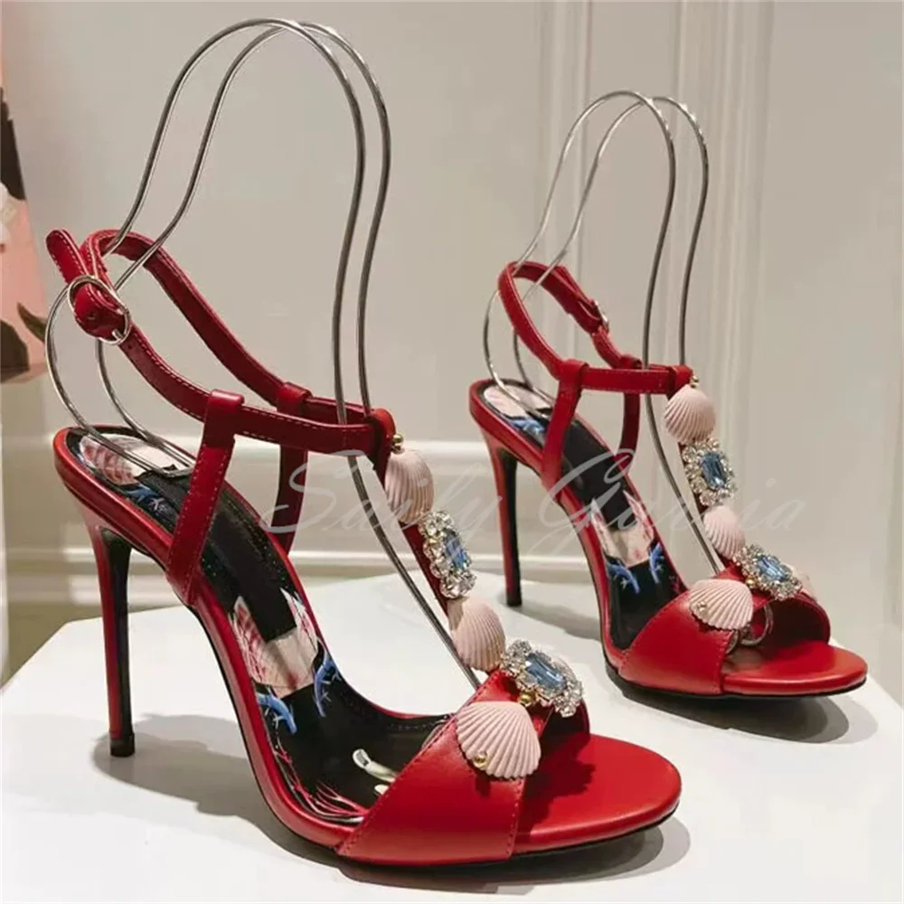 

Crystal Shell Decoration Round Headed High Heel Sandals Women Open Toe Stiletto Heel Slingback Buckle Strap Elegant Dress Shoes
