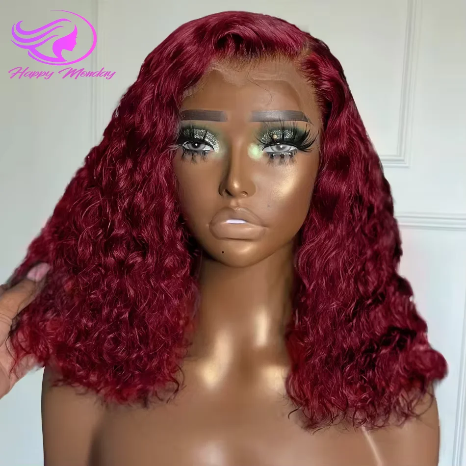 

180 Density 99J Burgundy Curly Human Hair Transparent Lace Frontal Wig 13x4 Short Deep Wave Bob Wigs Human Hair Pre Plucked Remy